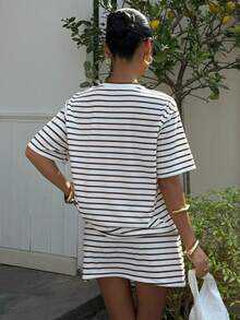 Muchica Striped Knit Women's Round Neck Short Sleeve T-Shirt And Drawstring Waist Mini Skirt Casual Set