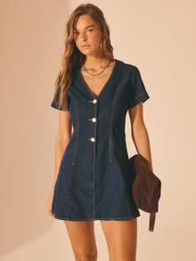 Aralina Đầm ngắn tay dáng xòe, cài cúc phía trước, eo thắt, chất liệu denim, thích hợp mặc mùa hè cho nữ, kiểu dáng thường ngày. - Rửa tối - Xem 7