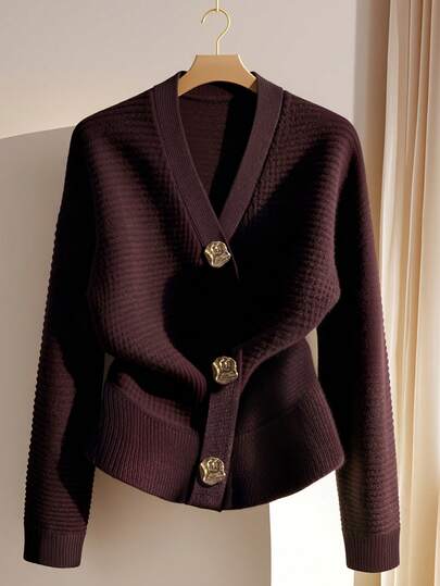 EMERY ROSE 大码纯色金属纽扣V领休闲长袖开衫