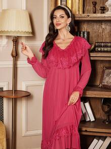 PalaceNights Vintage Palace Lace & Mesh Long Sleeve Nightgown For Women - Hot Pink - View 4
