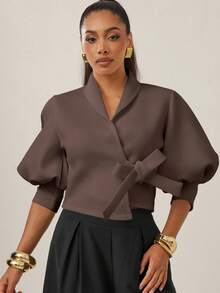 Vixey Women's Solid Color Twist Waist Design Fashionable Versatile Date Night Lantern Sleeve Top - Coffee Brown - View 5