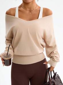 Dewbera Áo len yoga nữ dáng rộng cổ chữ V tay cánh dơi, áo tập luyện kéo khóa cho chạy bộ, pilates, thể dục, tay dài - Lạc đà - Xem 7