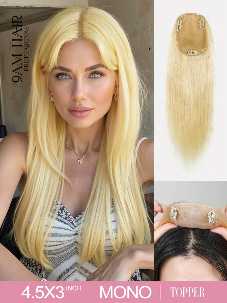 9AM Hair 4.5x3 Human Hair Mono Lace Topper For Women,Blonde Color Hair Pieces For Thinning Hair Hair Loss,Adds Volume & Covers Gray Winter Christmas Halloween Costumes Autumn Outfits Women Fall Outfits Women Chic Elegant Glow Edgy Clean Classic Lit Snack Baddie 90s Vintage Retro Grunge Cottagecore Kawaii Cyberpunk Streetwear Preppy Futuristic Minimalist Street Style Bridal Photoshoot Date Night Casual Cozy Night Out Butterfly Clips - S613 - View 1