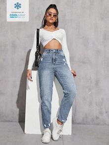 SHEIN ICON 1. 女士加大码做旧直筒水洗蓝牛仔裤 - 霧霾藍 - 查看 4