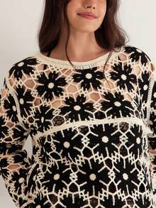 Freevana 大码女式镂空花卉圆领宽松针织套头毛衣 - 黑與白 - 查看 5