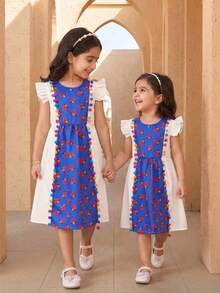 Girls,Young Girl Blue Background Red Flower Contrast Color Dress,White,Summer,Fairy,Family Matching Colorful Pom Pom Decor,Cap Sleeve Design,Party - Multicolor - View 9