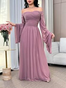 Feyla Women's Off Shoulder Floral Embroidery Ruffle Elegant Dress With Extra Long Sleeves - Dusty Pink - View 4