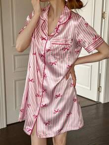 Dream Adore 仿丝绸蝴蝶结条纹翻领开衫睡衣 - 粉色 - 查看 3