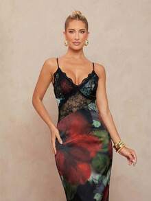 Lumalex 缎面亮面抽象花卉蕾丝拼接吊带露背抽绳修身连衣裙（女款） - 彩色 - 查看 7