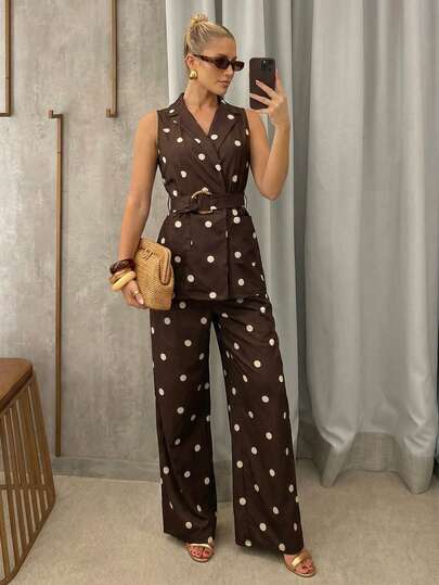 Lumalex Polka Dot V-Neck Oversized Pocket Straight Leg Wide Leg Extra Long Women 2 Pieces Set Luxury Prom Gathering Party Banquet Modest Old Money Glitter Holiday Party Rave Festival Outing Vacation Hot Outdoor Richly Layered Wedding Season Banquet ID Al-Adha Al-Adha Party New Year Looks Of Party Gala Night Party Dress For Early Spring