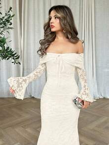 女士露肩长袖前系带修身连衣裙，新年连衣裙，新年派对连衣裙，情人节连衣裙 - 米色 - 查看 6