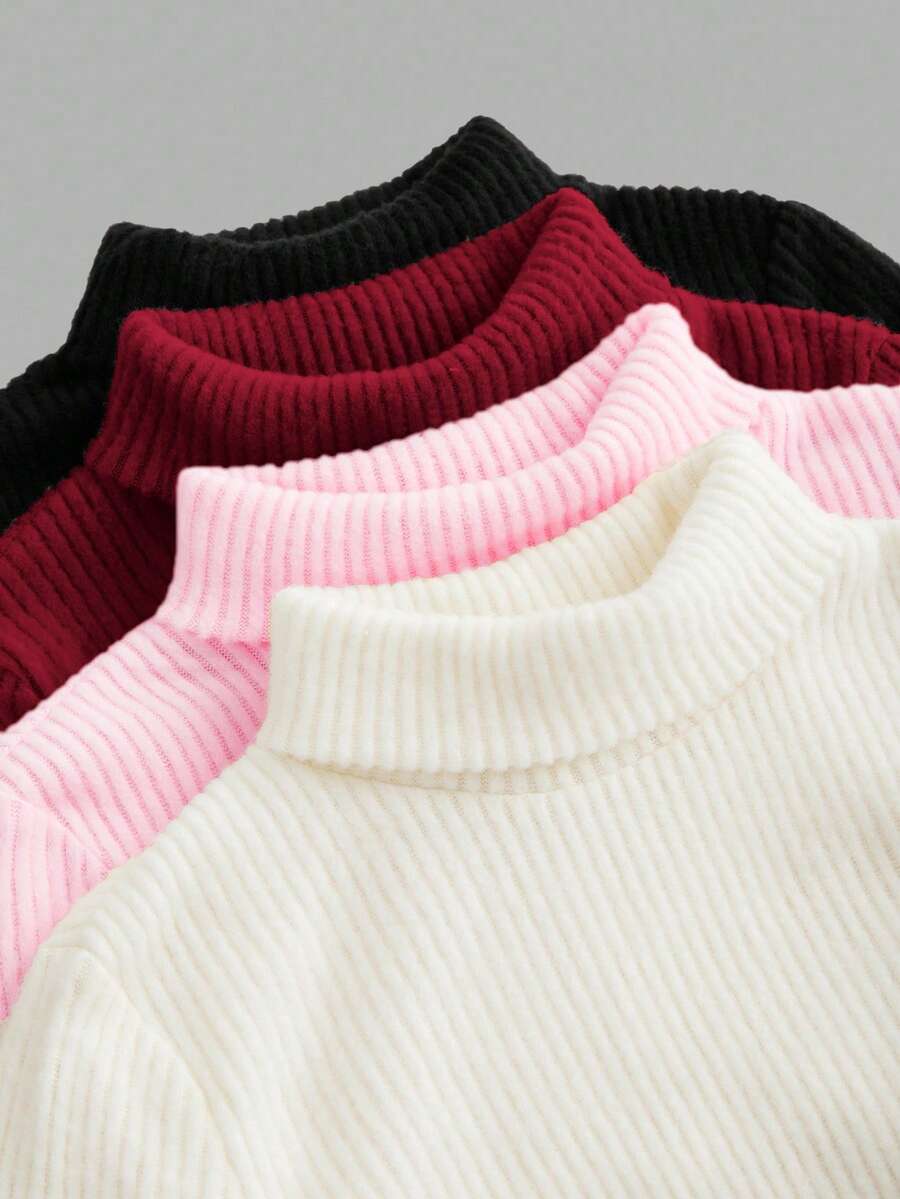 SHEIN Set 4 buc. tricouri cu guler înalt, tricotate cu nervuri, casual, cu mânecă lungă, pentru fete preadolescente