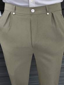 Manfinity Mode 男士休闲修身纯色西装裤，适合日常穿着和通勤。 - 卡其色 - 查看 6