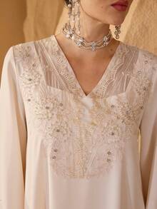 SHEIN Najma Elegant Lace Patchwork Beaded Long Sleeve Dress, Fashionable And Youthful - Champagne - View 7