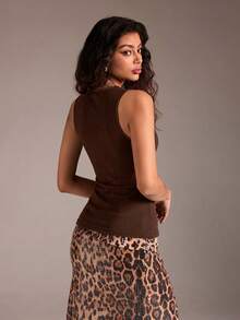 TRNVIE 1pc Women's Lace Trim Deep V-Neck Backless Bodysuit, Sexy Fitted Party Clubwear - Coffee Brown - View 2