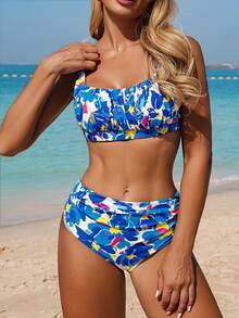 Swim Lushoire 2pcs/Set Women's Floral Print Ruched Bust Adjustable Straps Criss-Cross Back Tankini Swimwear, Mature Style - Multicolor - View 5
