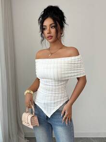 Rafferiza Women's Off-Shoulder Ruffle Asymmetric Hem Fitted T-Shirt, Spring/Summer - Apricot - View 6