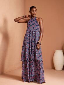 JIAN LASALA All-Over Print Mesh Halter Neck Tie Sleeveless Layered Ruffled Women Maxi Dress Spring Summer - Multicolor - View 7