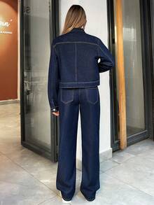 SHEIN Women's Long Sleeve Single-Breasted Denim Jacket And Loose Fit Denim Pants Casual Set 2 Piece Set For Women - Dark Wash - View 2