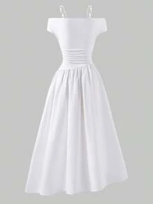 少女连衣裙，优雅不对称肩部设计，印花褶裥收腰短袖长款连衣裙，飘逸长裙，适合夏季宴会、约会、派对等场合。 - 白色 - 查看 8