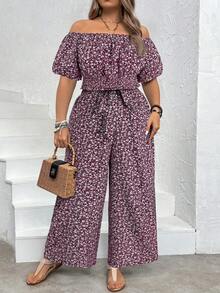 SHEIN VCAY Plus Size Ditsy Floral Off-Shoulder Top And Pants Two Pieces Set, Summer Outfits - Burgundy - View 4