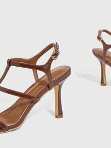 CUCCOO SZL Women's Square Toe Buckle Design Fashion High Heel Sandals For Daily Wear Valentine's Day - Brown - View 9