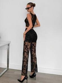 Siren Gaze Black Top + Pants Set Lace Blouse + High-Waisted Flare Lace Knit Pants, Women's 2-Piece Set Black Mesh Sheer Lace Jacquard Sexy Party Outfit For Women - Black - View 2