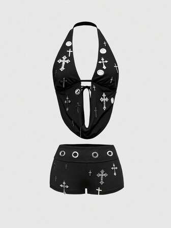 ROMWE Avant Y2K Baddie Streetwear Cross Metal Pendant Grommet Decor Crop Top And Shorts Set, Plus Size 2pcs Set