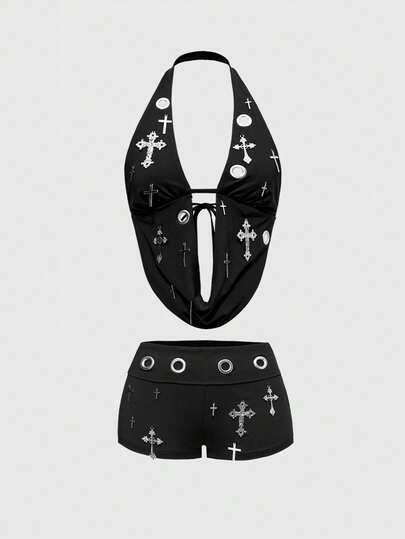 ROMWE Avant Y2K Baddie Streetwear Cross Metal Pendant Grommet Decor Crop Top And Shorts Set, Plus Size 2pcs Set