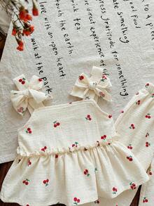 SHEIN LMoss Kids 女宝宝夏季可爱粉色条纹吊带背心和松紧腰裤套装 - 彩色 - 查看 4