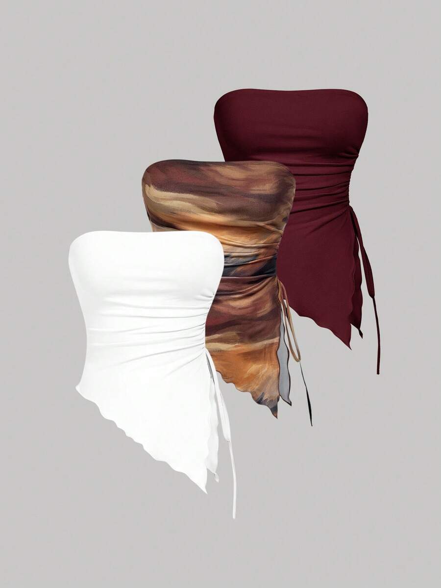 SHEIN MOD 3pcs Women's Retro Asymmetric Hem Bandeau Tops - Burgundy - View 1