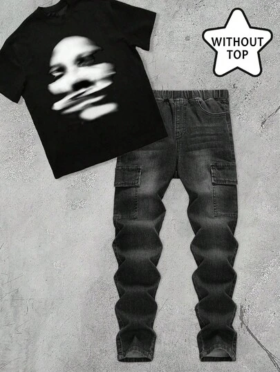 Tween Boy Fashion Casual Y2k Vintage Cool Street Pocket Design Black Denim Stretch Skinny Jeans For Kids Clothes Tween Boy Dailywear And Kids Spring And Summer Rave Outfits Festival And Outfits Streetwear Clothes