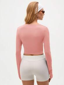 Eassivo Eassivo Women's Pink Fabric Round Neck Long Sleeve Crop Sports Tee With Twist Detail,Twist Front Yoga Top, Stretch Athleisure Workout Tee For Gym And Daily Wear, Cropped Tops, Long Sleeve Cropped Top - Pink - View 2