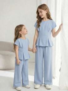 SHEIN Serisse Kids Bộ đồ 2 món cho bé gái tuổi teen: áo ngắn tay màu xanh nhạt trơn và quần ống rộng. - Màu xanh lam - Xem 5