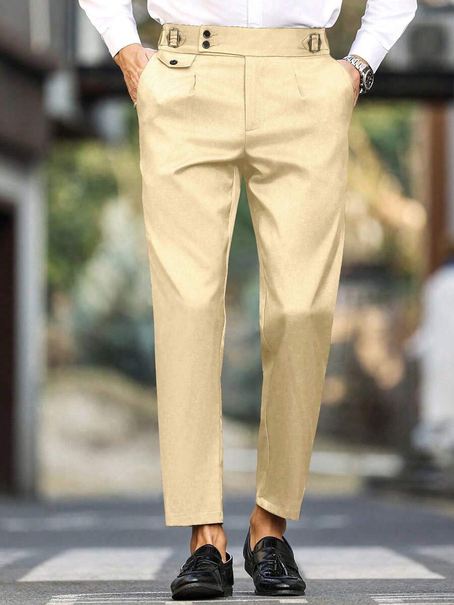 Calvornis Men's Solid Color Waist Buckle Design Pocket Commuter Suit Pants - Beige - View 1