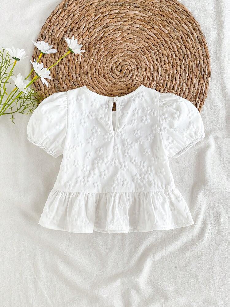 SHEIN Vintaside Kids Áo sơ mi vải hoa dệt họa tiết cho bé gái, kiểu dáng đồng quê, dễ thương và thời trang, thoải mái, thích hợp cho mùa xuân/hè. - trắng - View 2