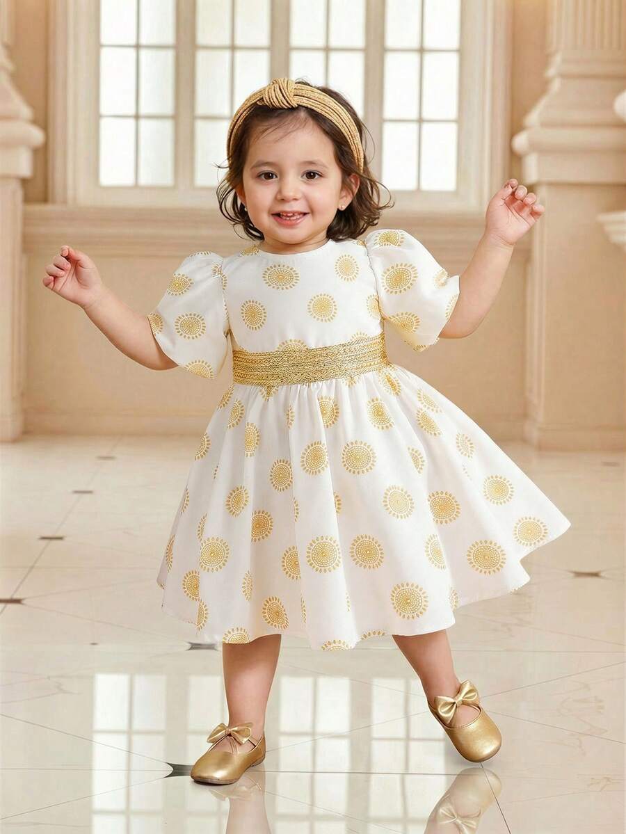 Baby Girl Elegant Round Neck Polka Dot Gold Ribbon Waist Decor Dress - Apricot - View 1