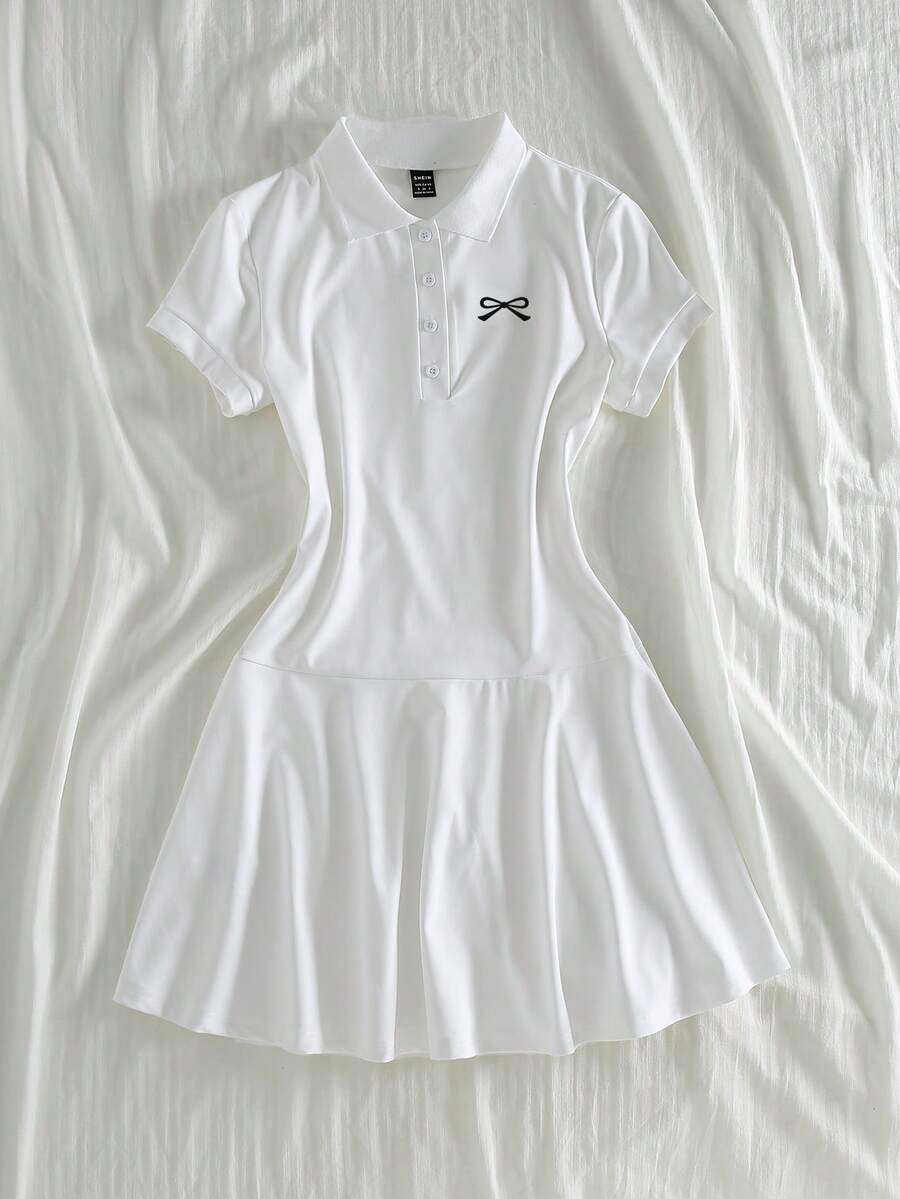 Elamini 女士蝴蝶结印花短袖 Polo 领休闲连衣裙 - 白色 - 查看 1