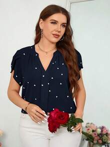 Reflora 加大码V领花瓣袖爱心印花极简主义上衣 情人节 - 藏蓝色 - 查看 7