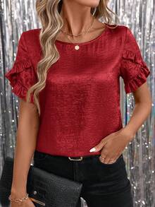 SHEIN Clasi 女士箔片荷叶边短袖情人节衬衫 - 紅色 - 查看 7
