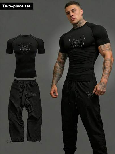 Manfinity Sport PWRUP Conjunto deportivo de camiseta y pantalones con estampado de araña para hombres, conjunto de entrenamiento a juego de manga corta, ropa de gimnasio, conjunto de compresión, ropa activa, conjunto de gimnasio, camiseta de compresión para hombres