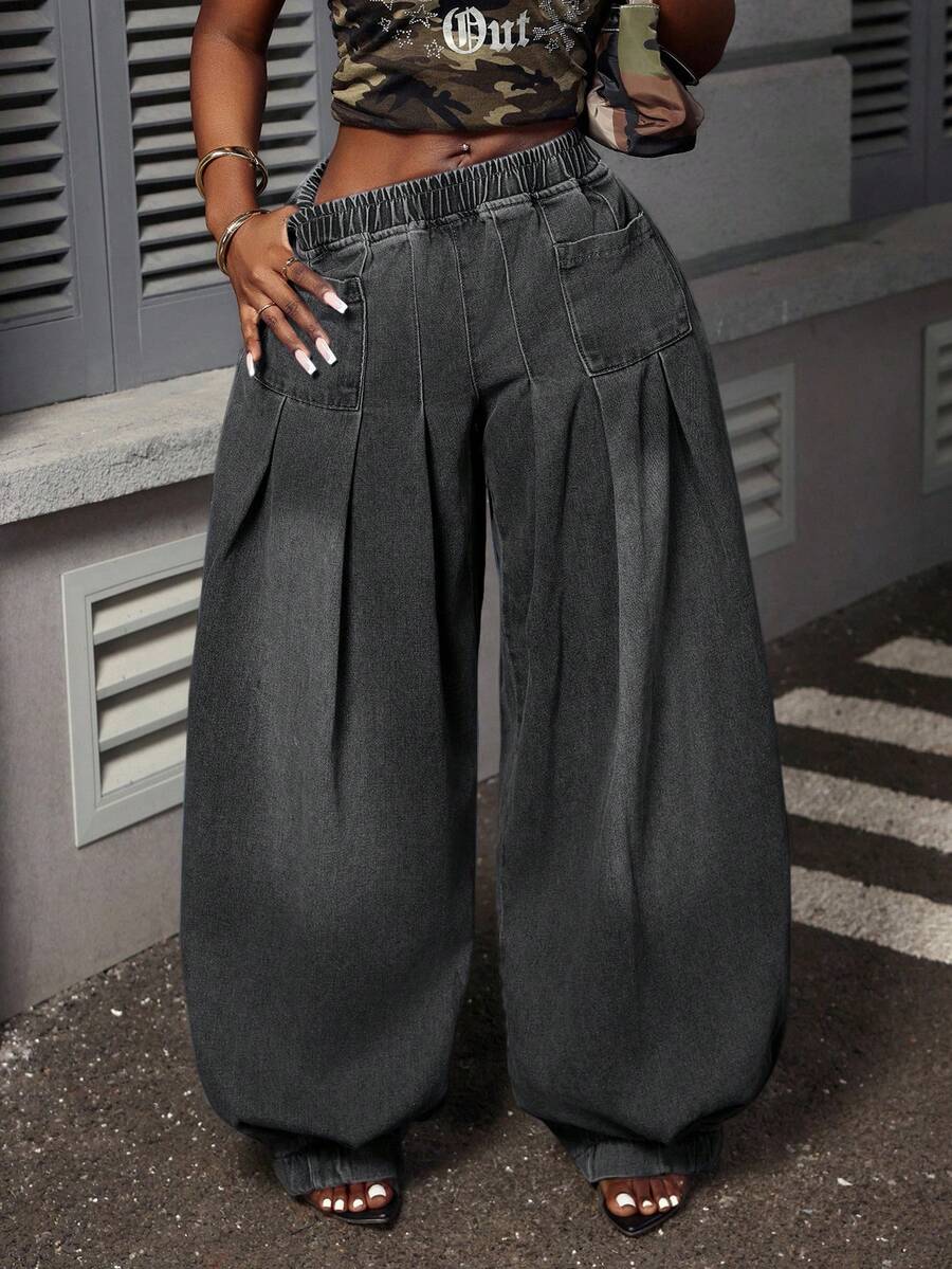 Slaydiva 大码阔腿喇叭牛仔裤 - 黑色 - 查看 1