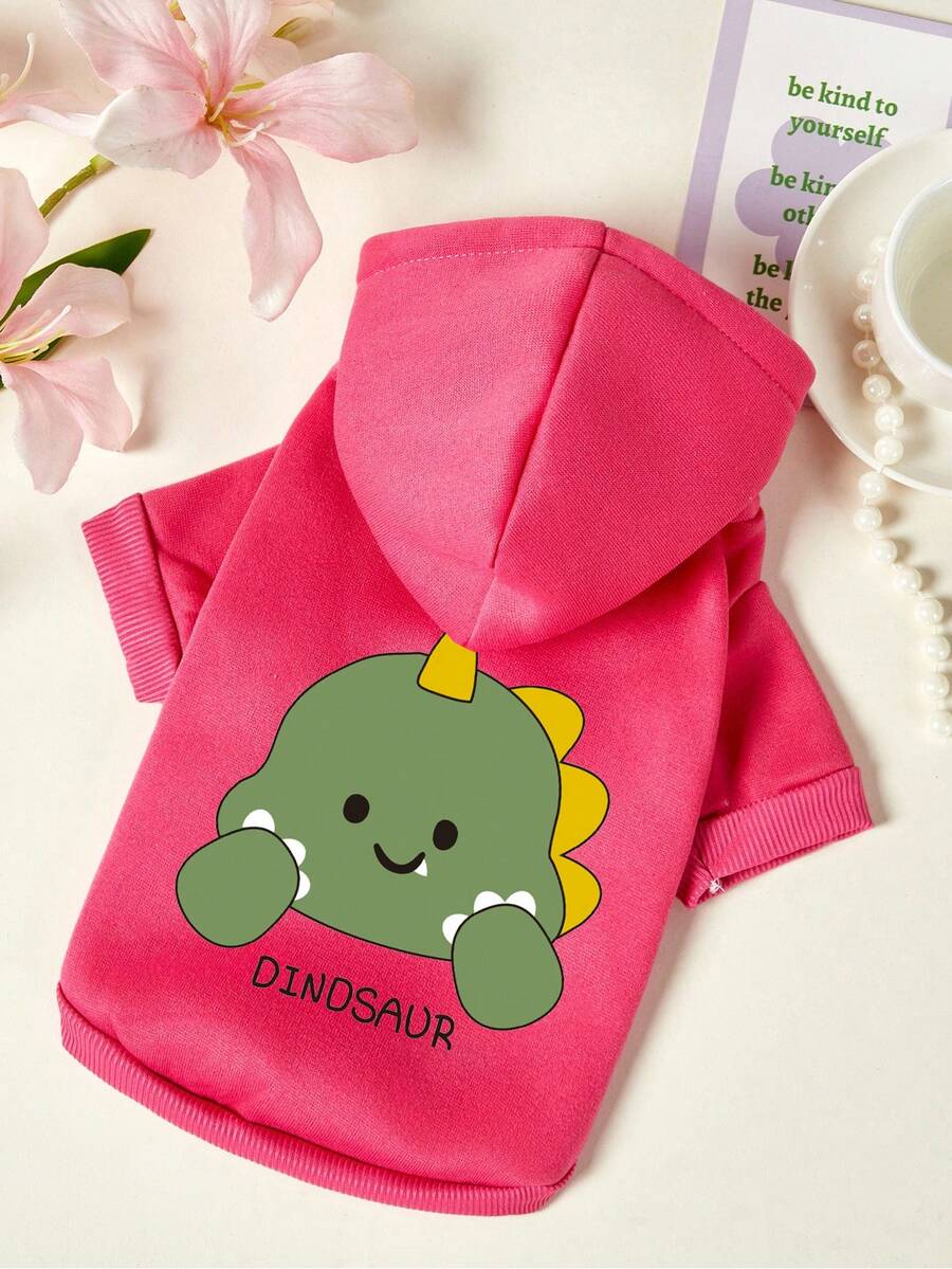 PETSIN 1 bộ áo hoodie cho thú cưng in chữ hình khủng long nhỏ màu xanh lá cây dễ thương, kèm mũ, màu hồng đỏ, dày dặn, ấm áp và thoải mái cho mùa thu đông. - Màu Hồng Tươi - Xem 1
