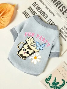 PETSIN 1 Pc Cute Milk Tea Cup Flower Butterfly Letter Printed Pet Gray Autumn And Winter Thick Warm Casual Pet Clothing - Light Grey - View 1