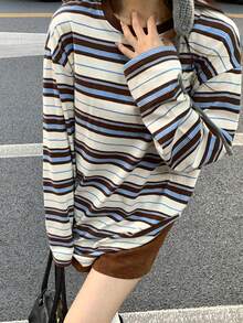 DAZY 女士休闲条纹宽松长袖圆领T恤 - 咖啡棕 - 查看 4