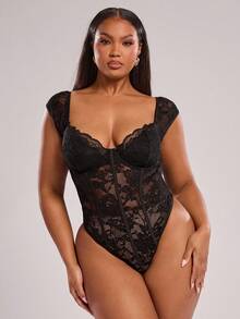 SHEIN BAE Plus Size Women Black Short Sleeve Bodysuit, Sexy Elegant Top, Commute Bodysuit, Party Bodysuit, Young Fashionable Playsuit, Lace Trim Bodysuit, Beach Holiday Casual Bodysuit, Outdoor, Afternoon Tea, Daily Wear, Y2K Style,Beach Women Outfits,Holiday Night Outfits,T Shirt,Work Tops,Rave Festival Outfits,Spring Outfits,Summer Women Clothes, Mother Day,Mother's Day Gift,Mom,Music Festival,Concert,Office Dress,Casual Going Out,Graduation,Valentine's Day,Valentine Outfits For Women - Black - View 3