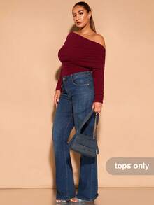 SHEIN BAE 加大码秋季黑色露肩不对称天鹅绒罗纹褶皱长袖连体衣优雅性感，适合约会和外出，适合冬季 - 酒紅色 - 查看 3