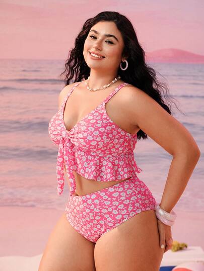 Swim Mod Traje de baño de 2 piezas con estampado aleatorio y tirantes gruesos, sexy para playa y vacaciones, talla grande para mujer