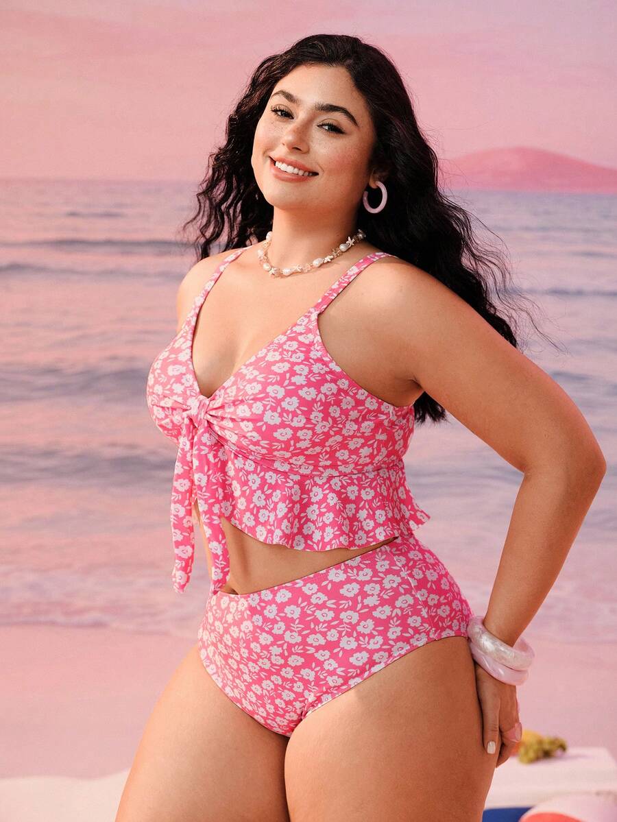 Swim Mod Plus Size Women 2pcs/Set Random Print Thick Strap Sexy Beach Holiday Bikini Swimwear - Multicolor - View 1