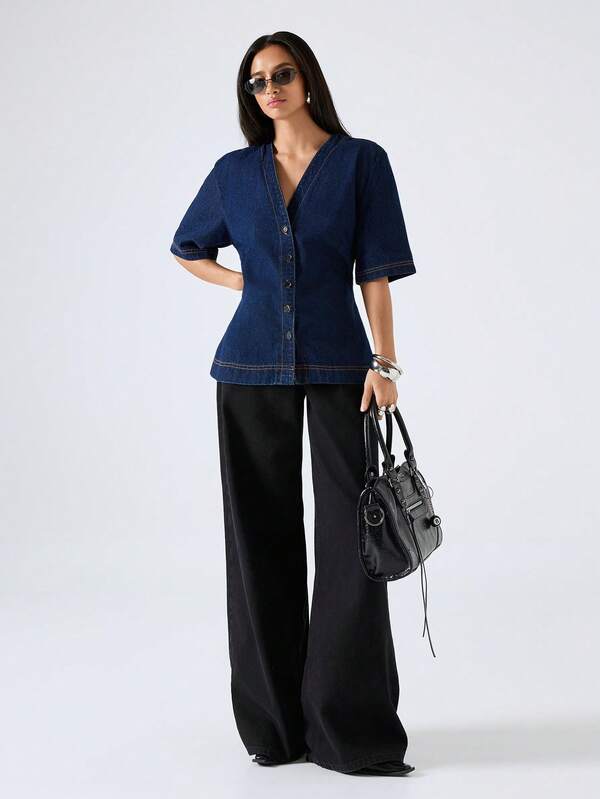 LYSMO 2026 New Arrive Minimalism Spring/Arrivel Women's V-Neck Single-Breasted Short Sleeve Casual Denim Blouse/ Summer/Summer Outfits/Summer Tops/Summer Clothes /Summer Outfits For Women/ Summer Top/Spring Outfit Women / Spring Clothes Women/ Beach / Beach Outfits/Weddings & Events / Going Out Tops/ Going Out Top /Going Out Tops For Women /Going Out Outfits / Going Out Denim Blouse/ Elegant Blouses For Ladies / Holiday Outfits For Women /Casual Blouses For Women/ Casual Outfit For Women /Blue Top /Y2K Denim Blouse/BOHO Denim Blouse